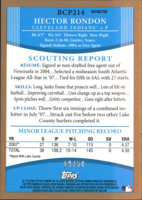2008 Bowman Chrome Prospects Gold Refractors #BCP214 Hector Rondon
