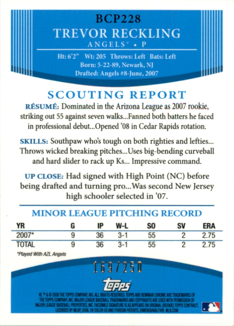 2008 Bowman Chrome Prospects X-Fractors #BCP228 Trevor Reckling