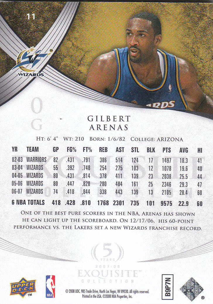 2007-08 Exquisite Collection #11 Gilbert Arenas back image