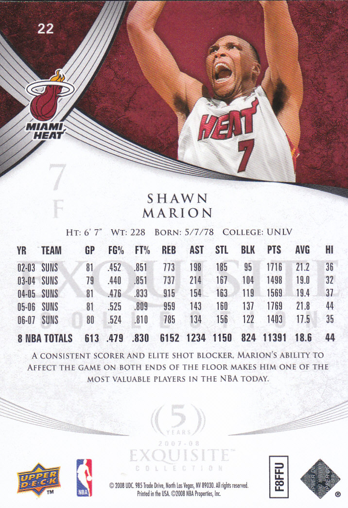 2007-08 Exquisite Collection #22 Shawn Marion back image