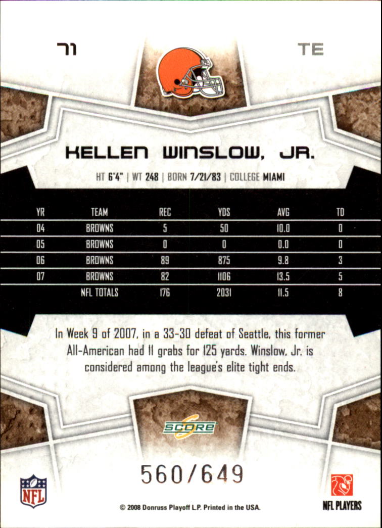 2008 Score Scorecard #71 Kellen Winslow back image