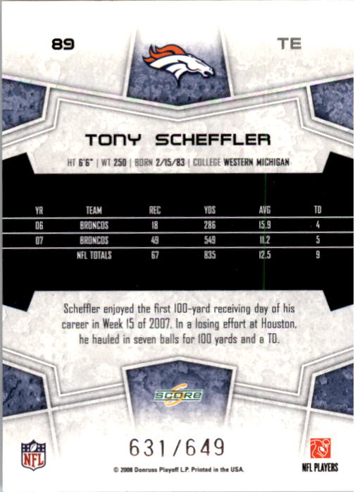 2008 Score Scorecard #89 Tony Scheffler back image