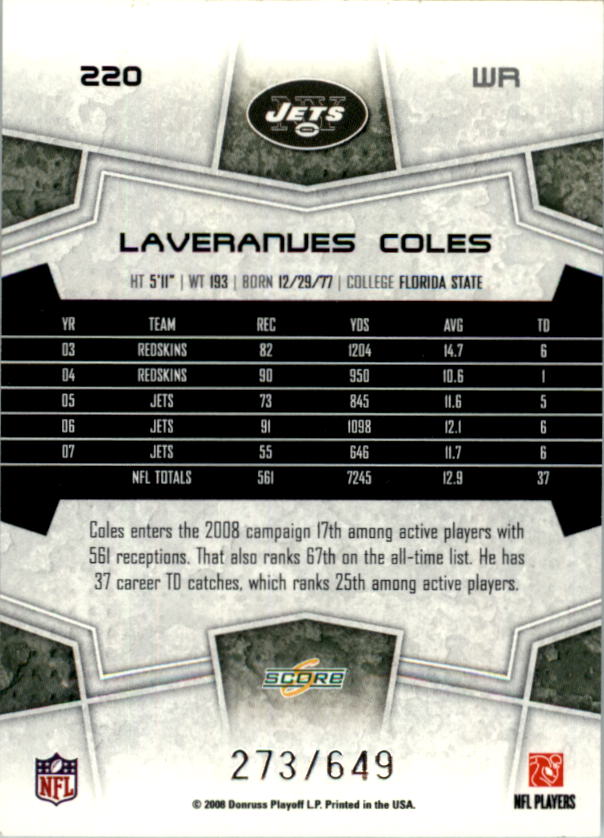 2008 Score Scorecard #220 Laveranues Coles back image