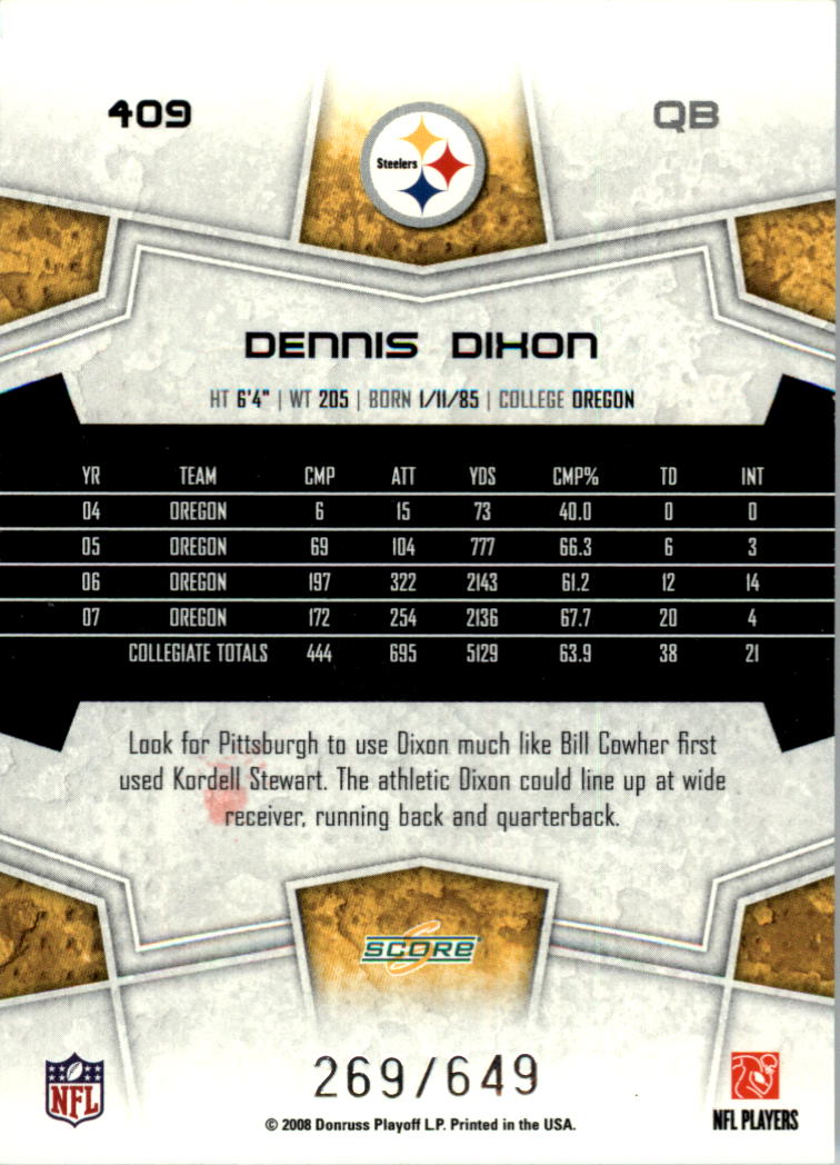 2008 Score Scorecard #409 Dennis Dixon back image