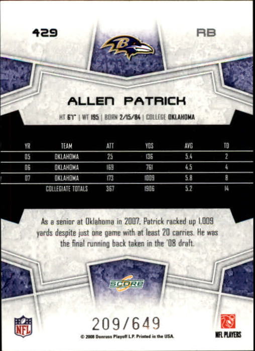 2008 Score Scorecard Baltimore Ravens Football Card #429 Allen Patrick