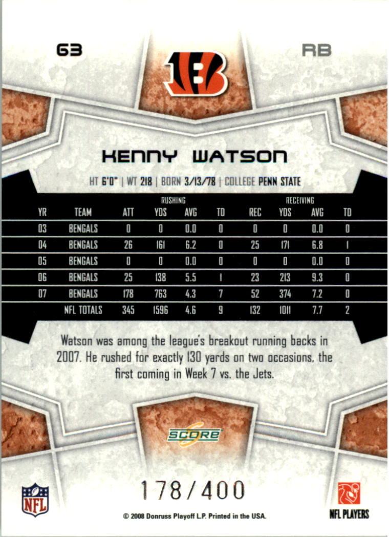 2008 Score Gold Zone #63 Kenny Watson back image