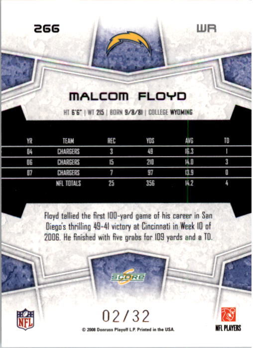 2008 Score Artist's Proof #266 Malcom Floyd back image