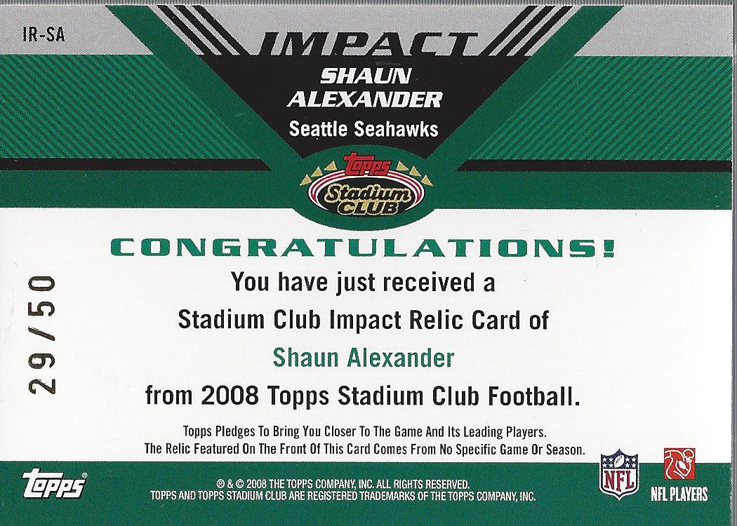 2008 Stadium Club Impact Relics Gold #IRSA Shaun Alexander back image