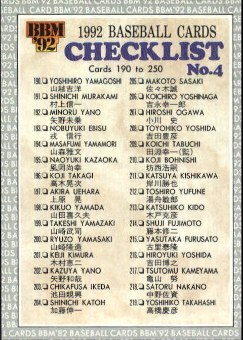 1992 m Japan 249 Checklist 4 Nm Mt