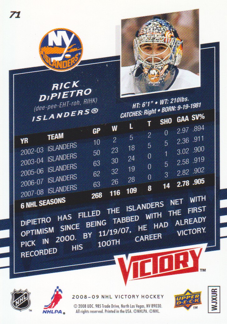 2008-09 Upper Deck Victory Gold #71 Rick DiPietro back image