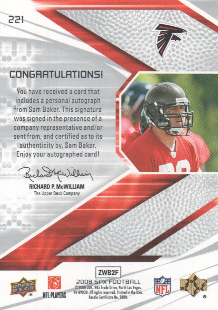 2008 SPx #221 Sam Baker AU RC back image