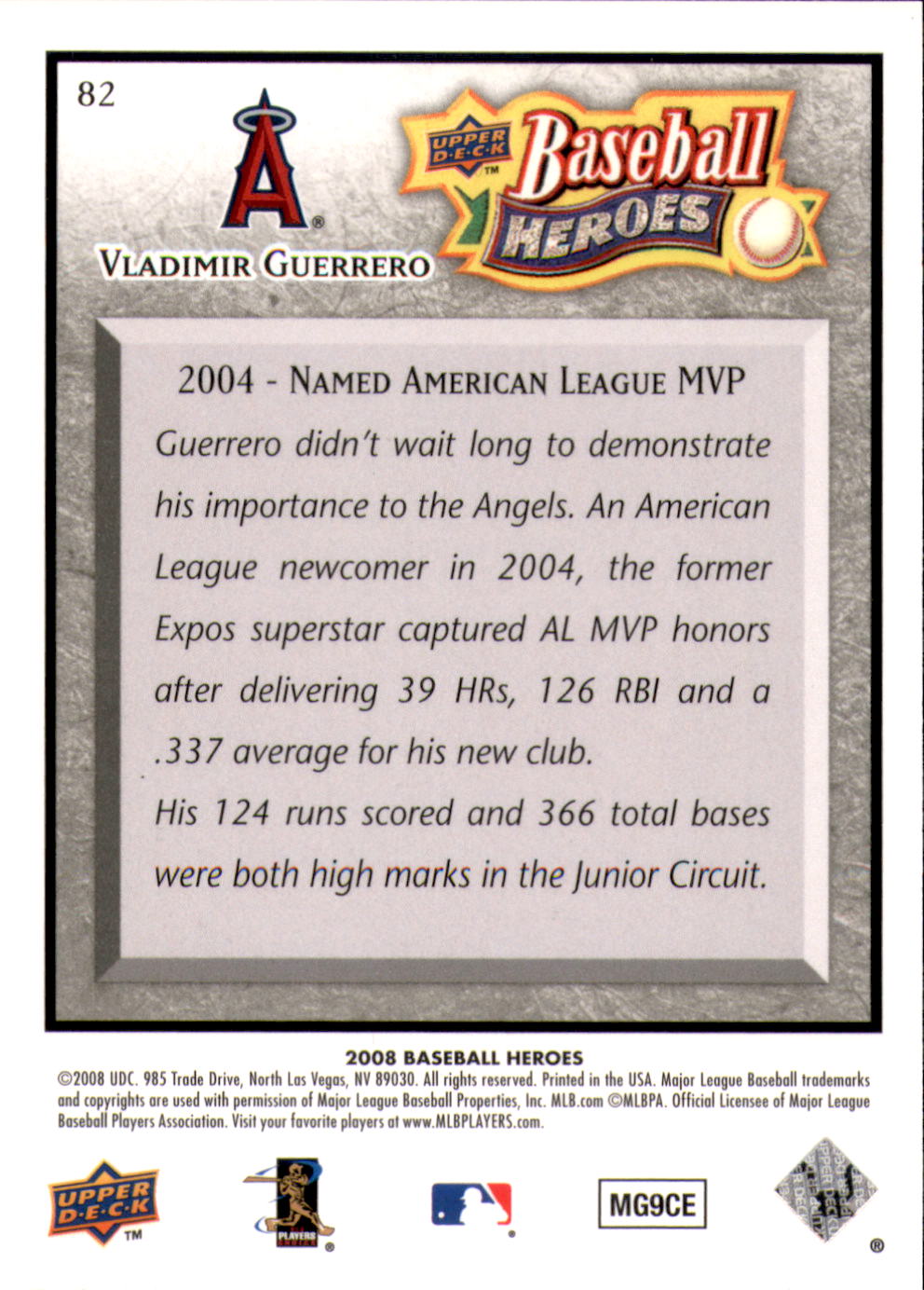 2008 Upper Deck Heroes Charcoal #82 Vladimir Guerrero back image