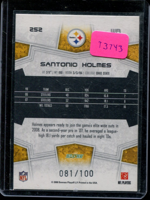2008 Select Scorecard #252 Santonio Holmes back image