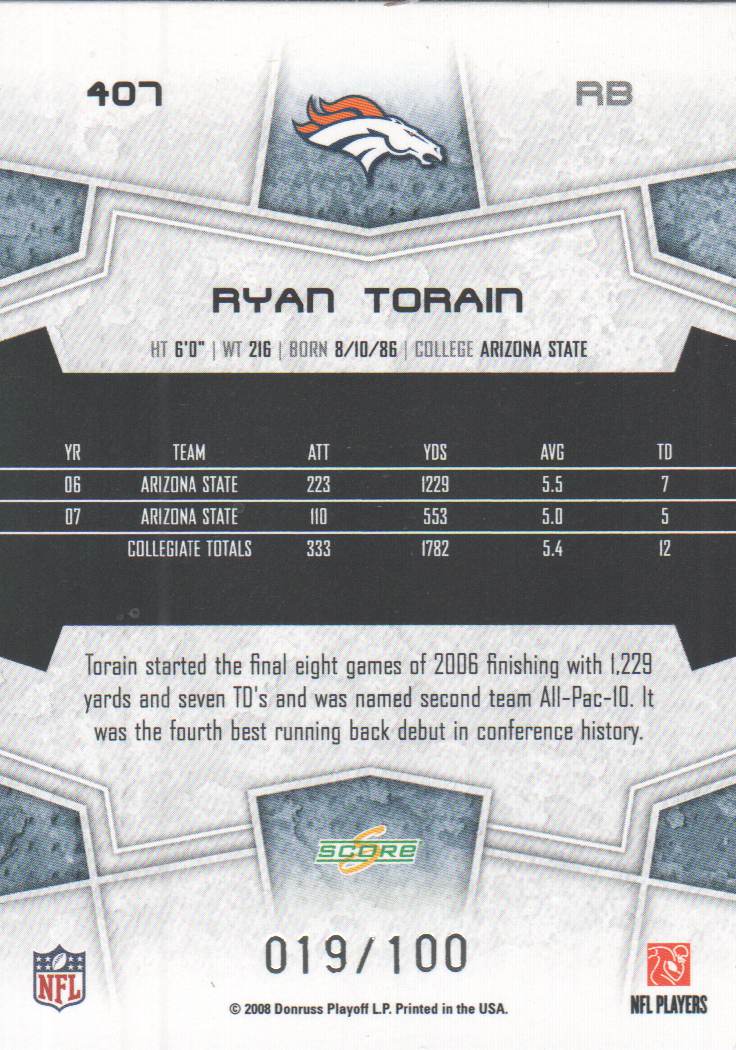 2008 Select Scorecard #407 Ryan Torain back image