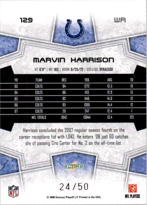 2008 Select Gold Zone #129 Marvin Harrison back image