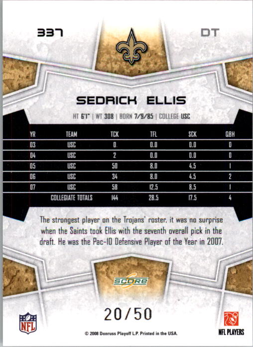 2008 Select Gold Zone #337 Sedrick Ellis back image