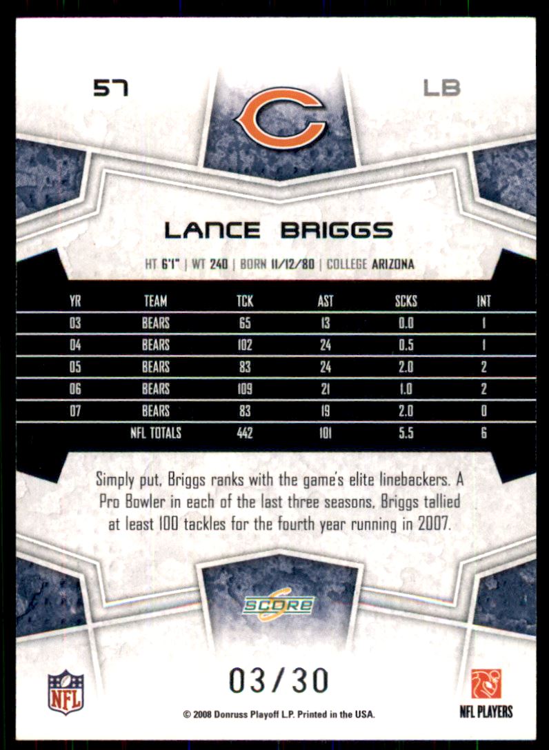 2008 Select Red Zone #57 Lance Briggs back image