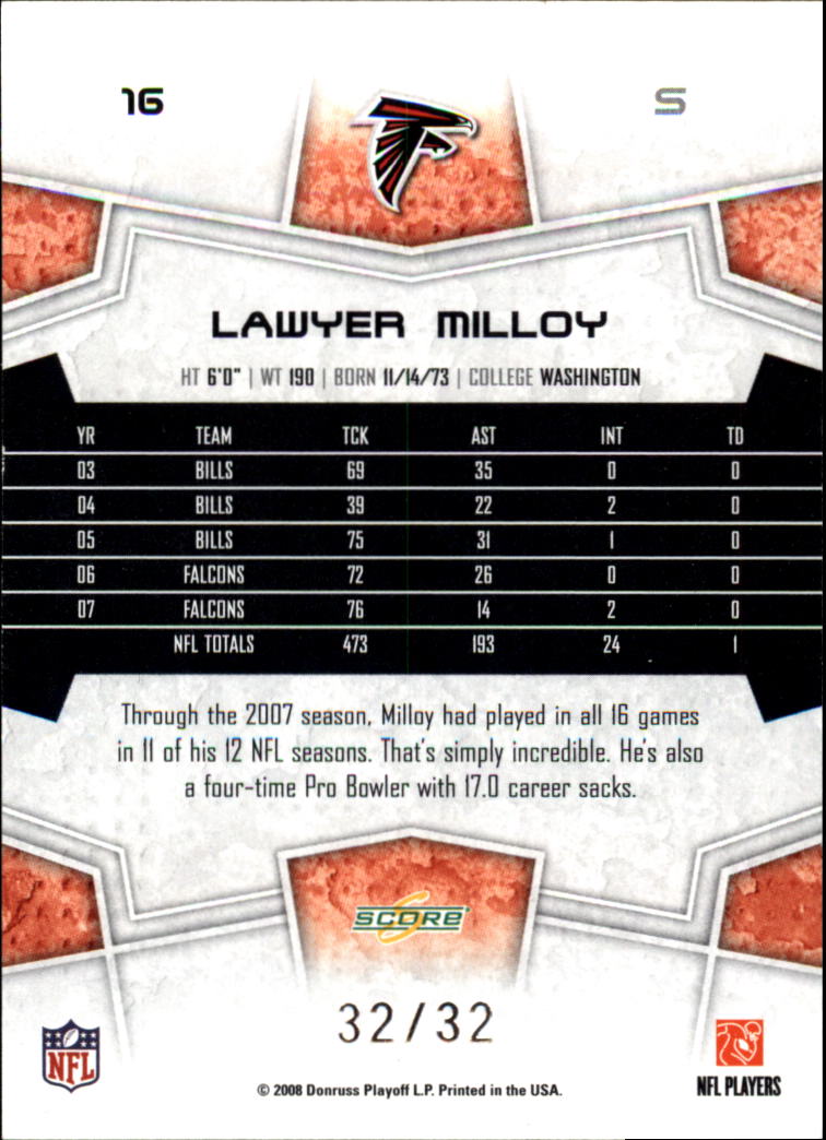 2008 Select Artist's Proof #16 Lawyer Milloy back image