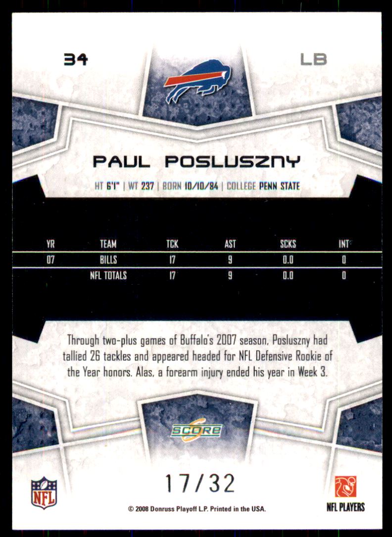 2008 Select Artist's Proof #34 Paul Posluszny back image