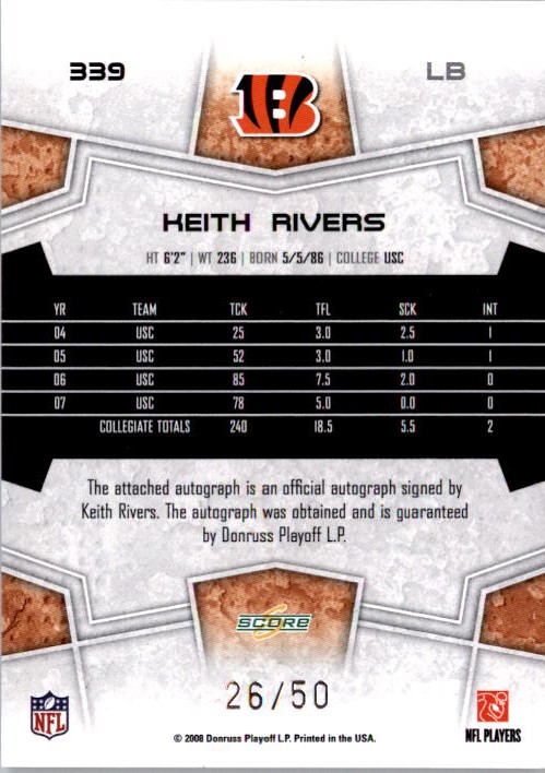 2008 Select Inscriptions #339 Keith Rivers/50 back image