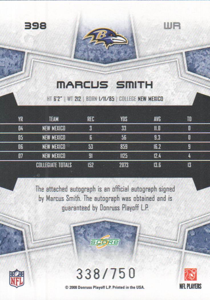 2008 Select Inscriptions #398 Marcus Smith/750 back image