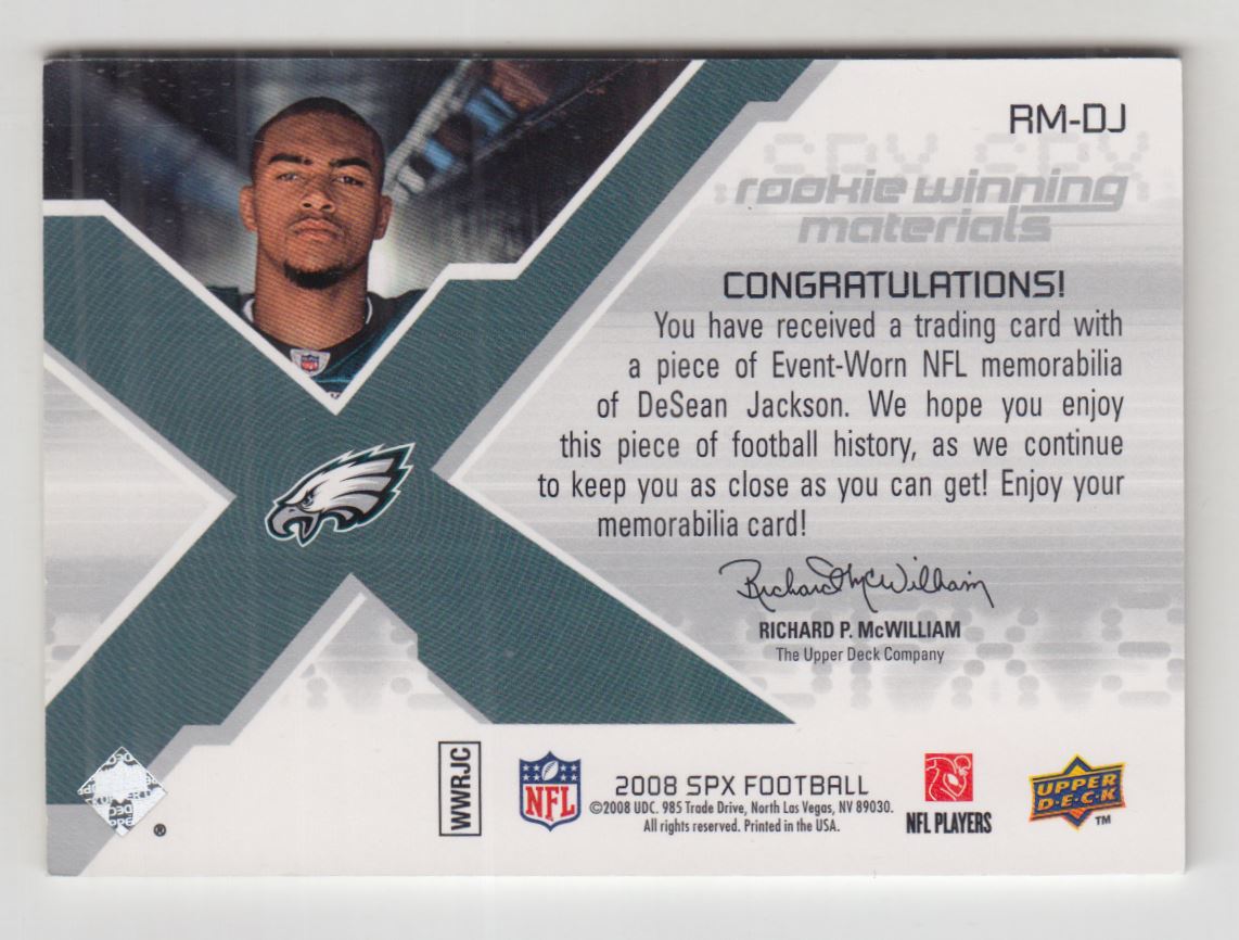 2008 SPx Rookie Materials Star and Position Dual 149 #RMDJ DeSean Jackson back image
