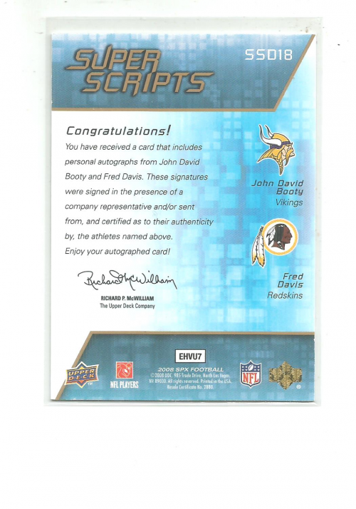 2008 SPx Super Scripts Autographs Dual #SSD18 John David Booty/Fred Davis back image