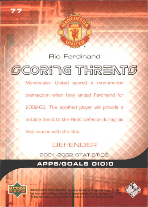 2002 Upper Deck Manchester United #77 Rio Ferdinand ST back image