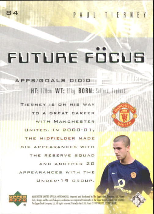 2002 Upper Deck Manchester United #84 Paul Tierney FF back image