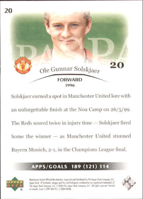 2004 SP Authentic Manchester United #20 Ole Gunnar Solskjaer back image