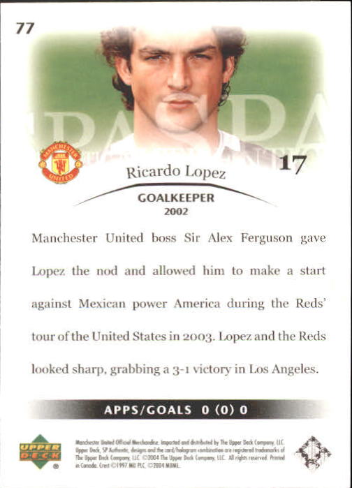 2004 SP Authentic Manchester United #77 Ricardo Lopez back image