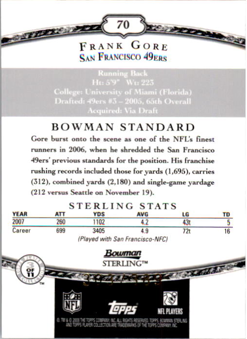 2008 Bowman Sterling #70 Frank Gore JSY back image