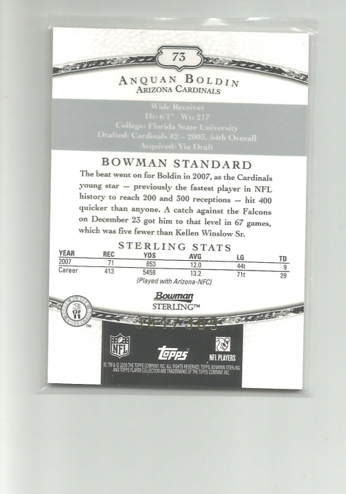 2008 Bowman Sterling #73 Anquan Boldin JSY back image