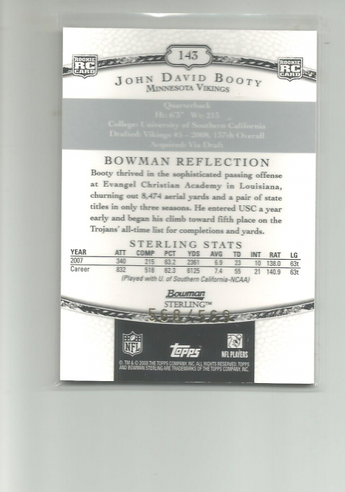 2008 Bowman Sterling #143A John David Booty JSY RC back image