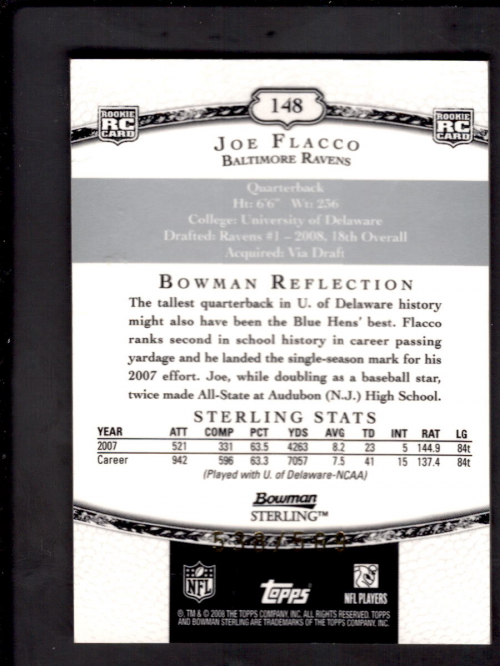 2008 Bowman Sterling #148A Joe Flacco JSY RC back image