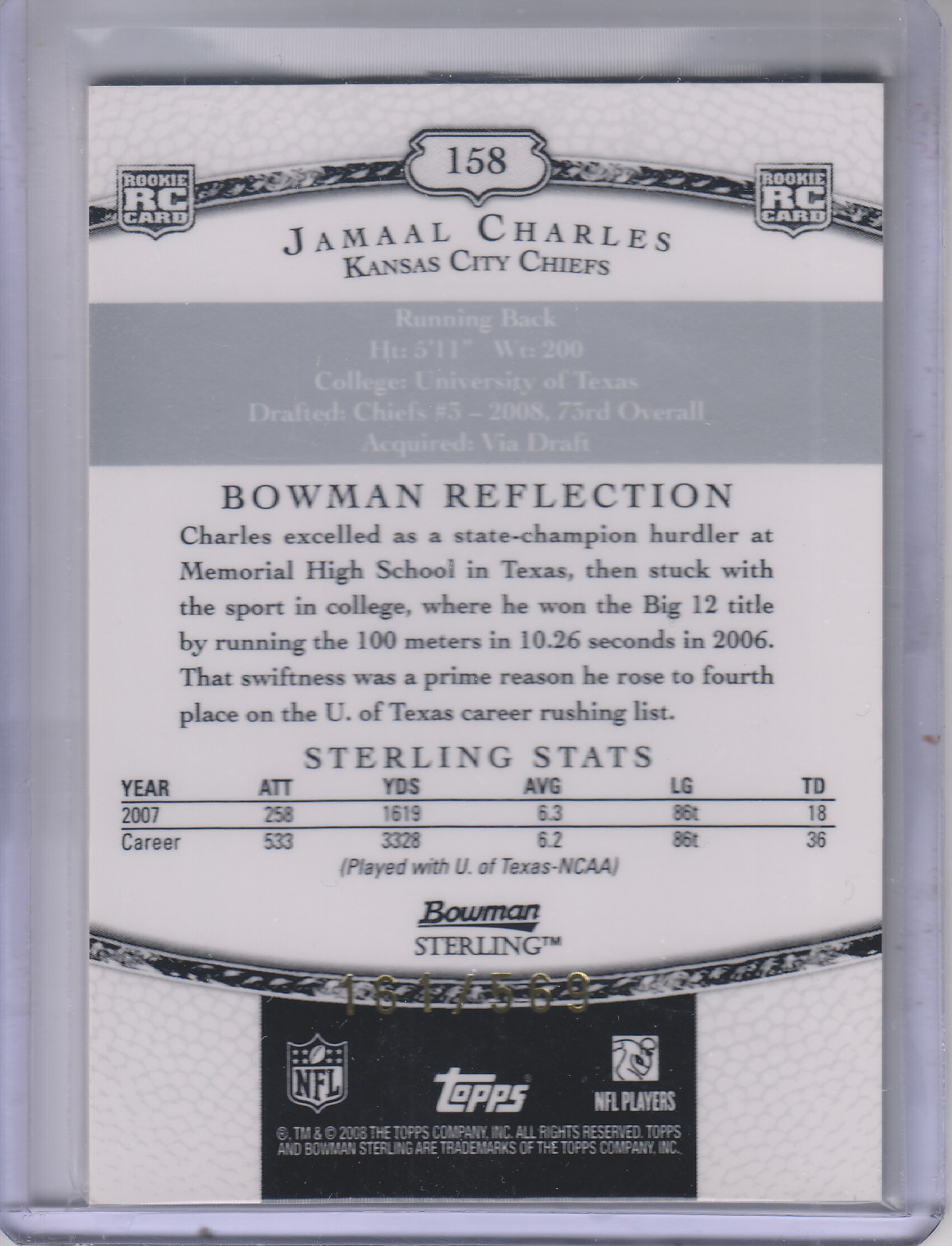 2008 Bowman Sterling #158A Jamaal Charles JSY RC back image
