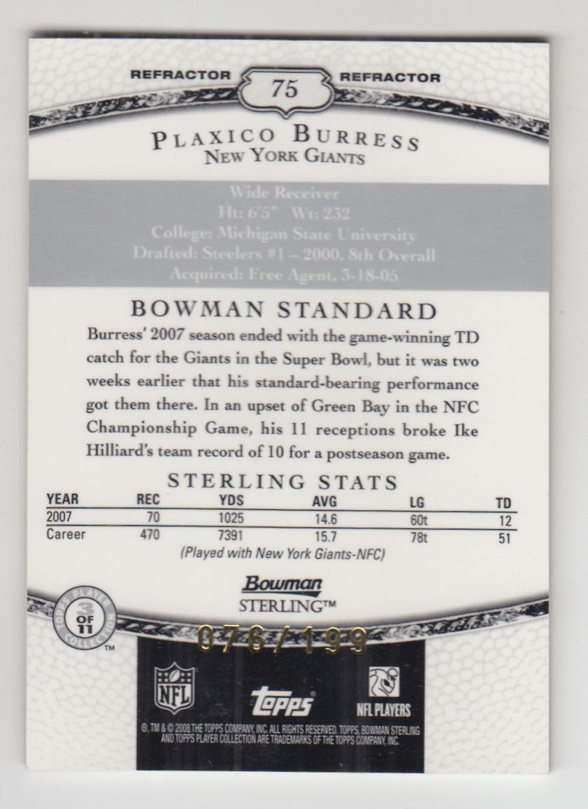 2008 Bowman Sterling Refractors #75 Plaxico Burress JSY back image