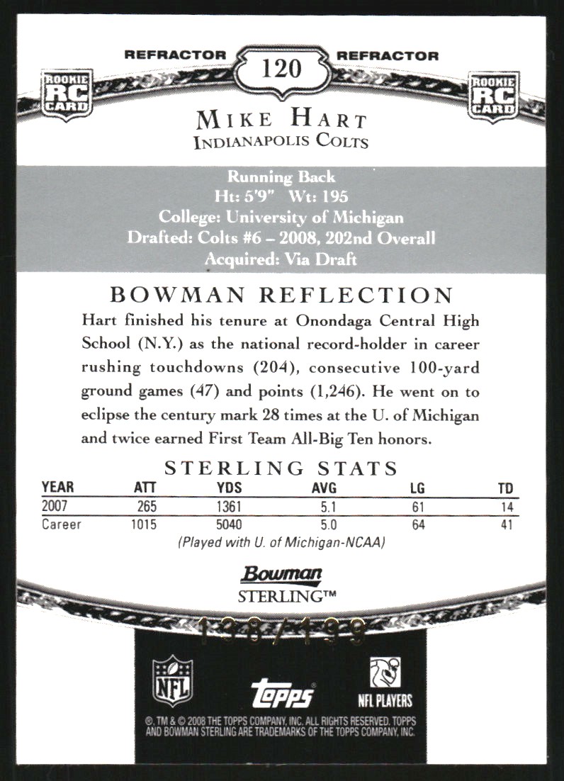 2008 Bowman Sterling Refractors #120 Mike Hart AU back image