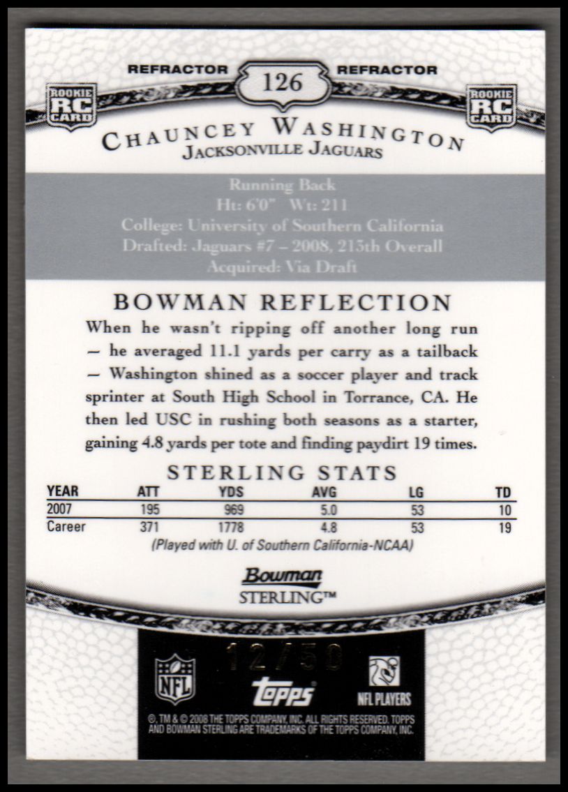 2008 Bowman Sterling Black Refractors #126 Chauncey Washington AU back image