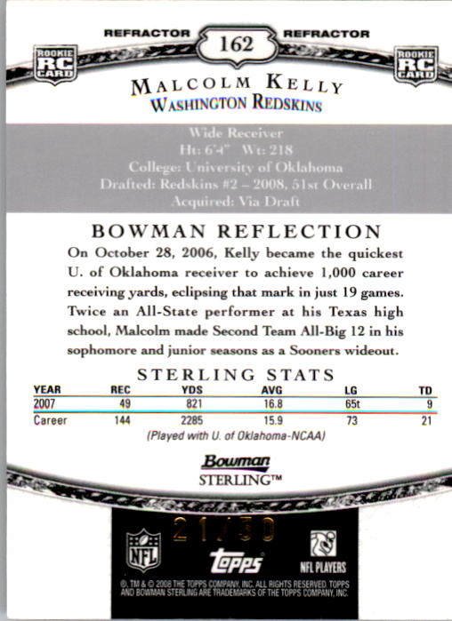 2008 Bowman Sterling Black Refractors #162A Malcolm Kelly JSY back image