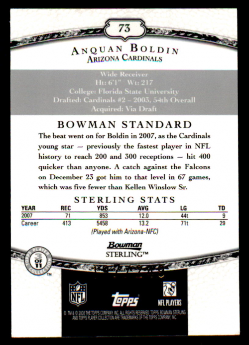 2008 Bowman Sterling Jerseys Green #73 Anquan Boldin back image