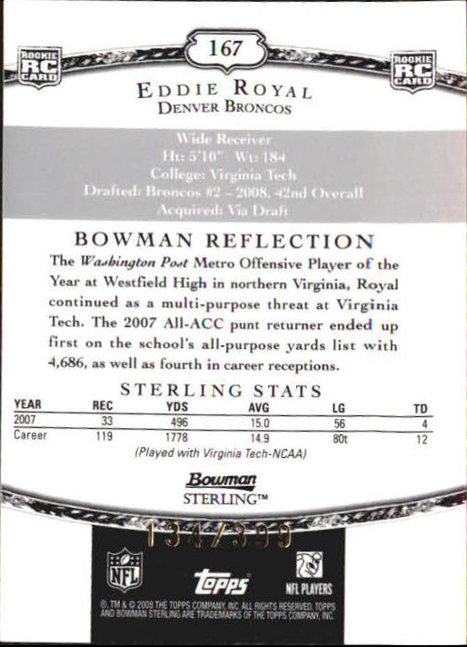 2008 Bowman Sterling Jerseys Blue #167 Eddie Royal back image