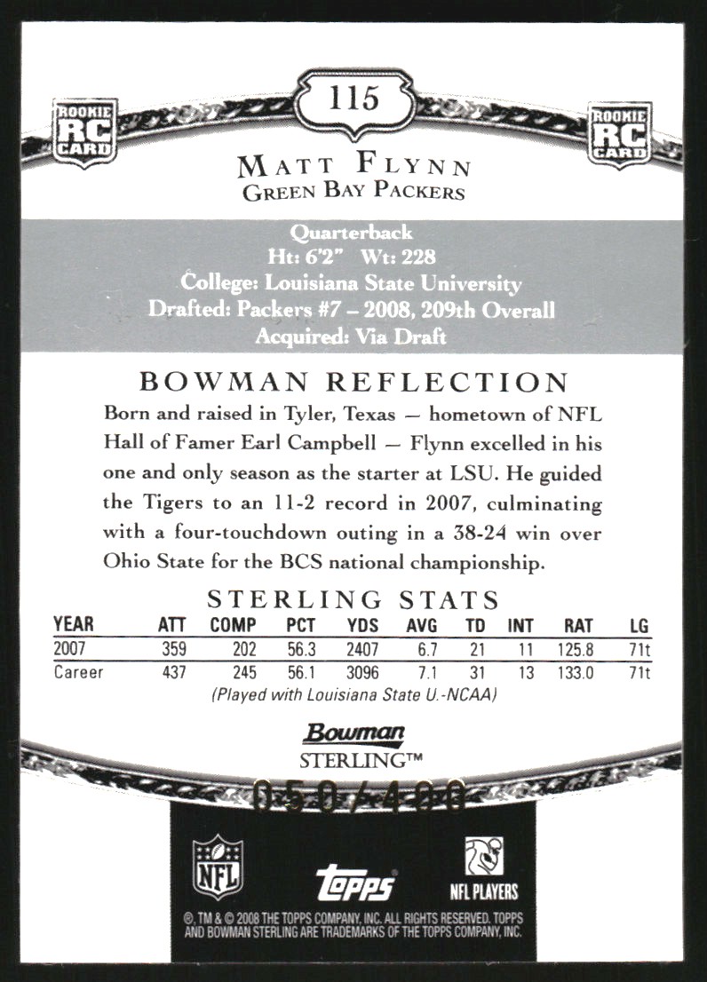2008 Bowman Sterling Gold Rookie Autographs #115 Matt Flynn/400 back image