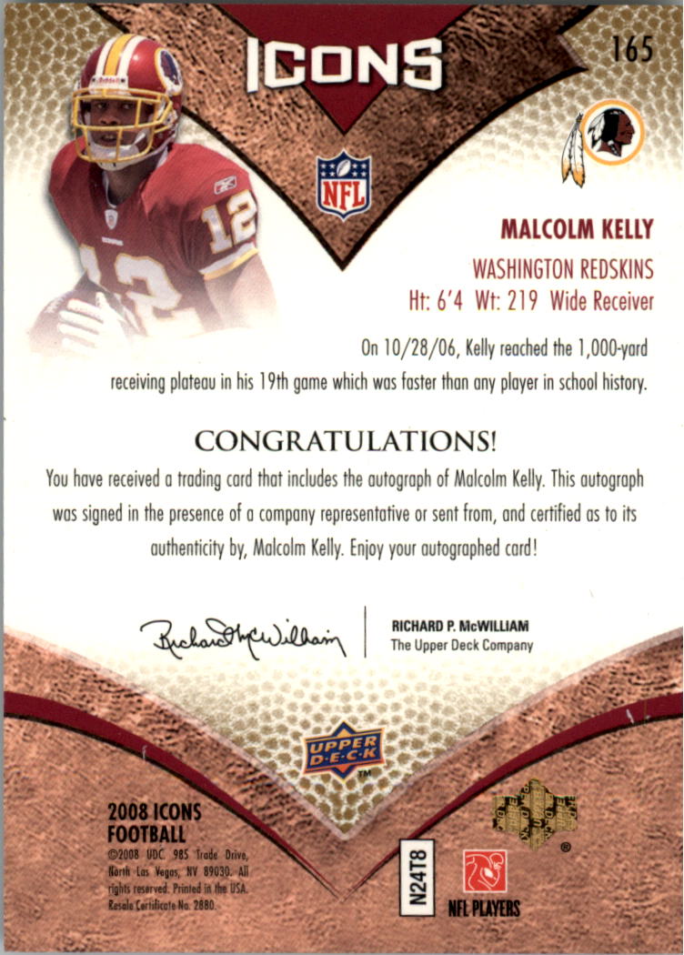 2008 Upper Deck Icons Rookie Autographs Rainbow #165 Malcolm Kelly back image