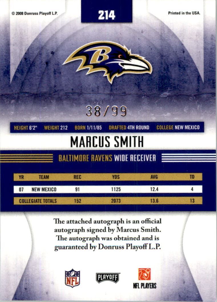 2008 Absolute Memorabilia #214 Marcus Smith AU RC back image