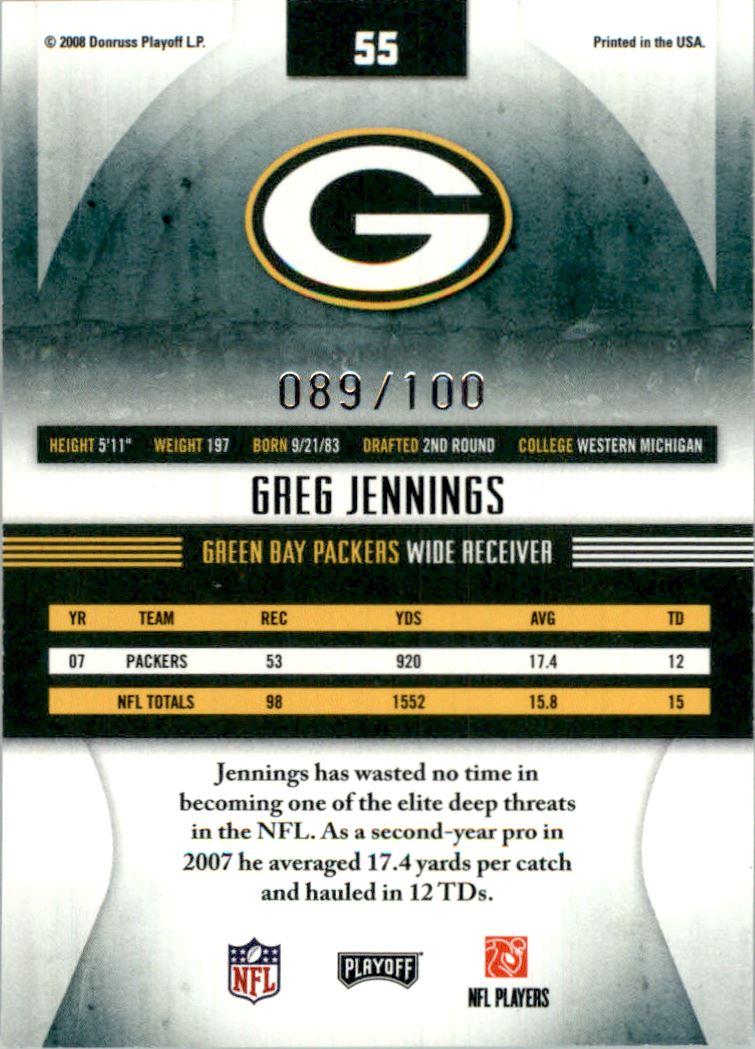 2008 Absolute Memorabilia Spectrum Silver Retail #55 Greg Jennings back image