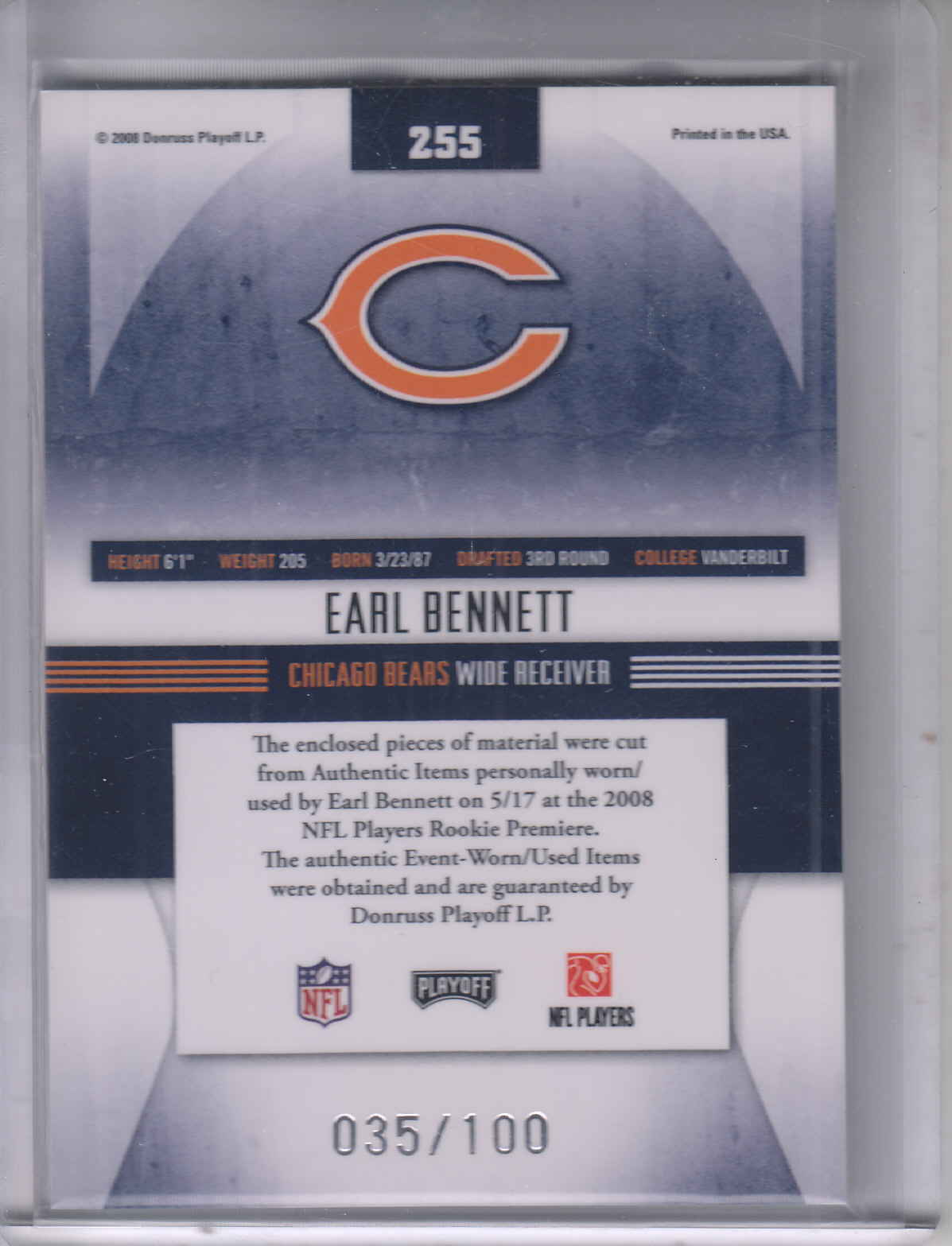 2008 Absolute Memorabilia Rookie Premiere Materials NFL Spectrum Prime #255 Earl Bennett back image
