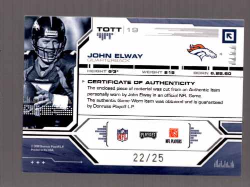 2008 Absolute Memorabilia Tools of the Trade Material Oversize Jersey Number Blue #19 John Elway back image