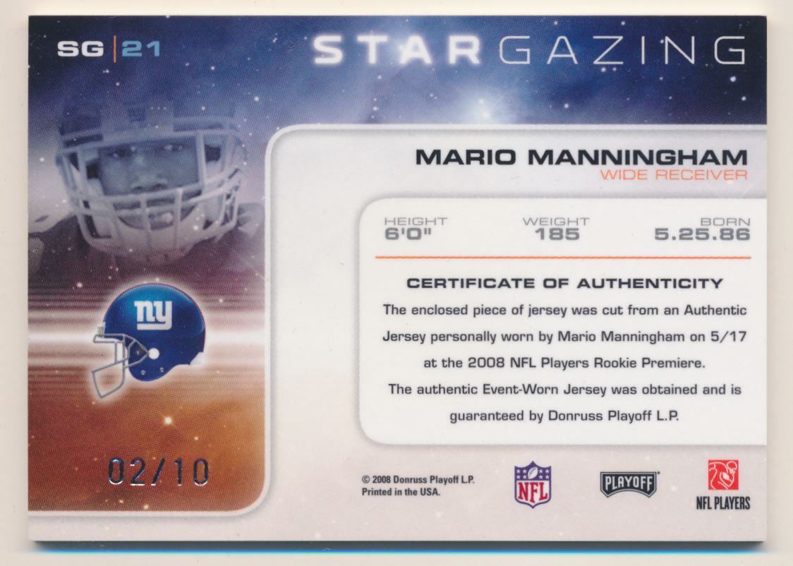 2008 Absolute Memorabilia Star Gazing Materials Oversize Spectrum Prime #21 Mario Manningham back image