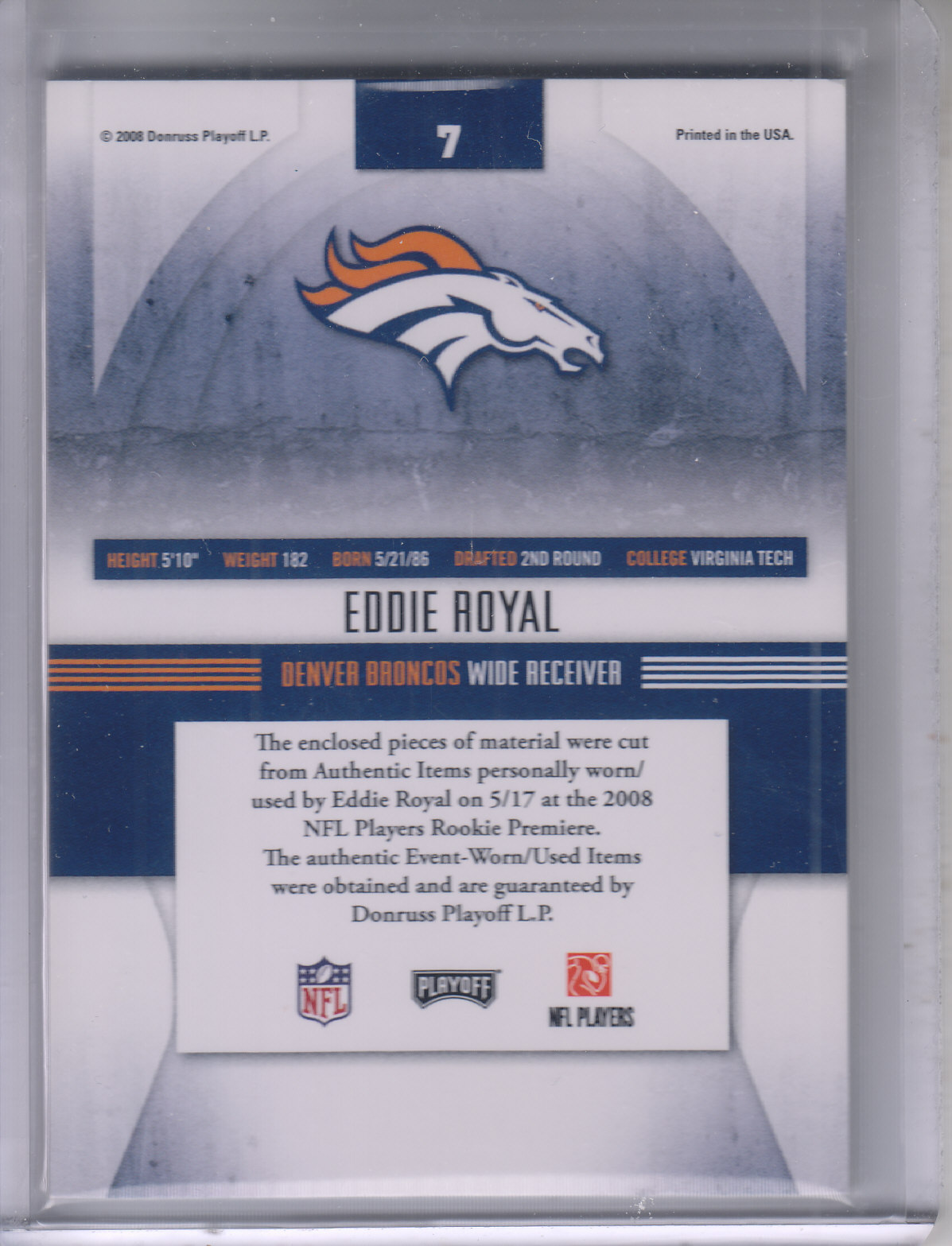 2008 Absolute Memorabilia Rookie Jersey Collection #7 Eddie Royal back image